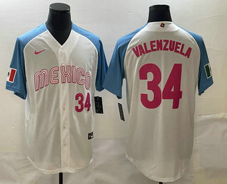 Men's Mexico Baseball #34 Fernando Valenzuela Number 2023 White Blue World Classic Stitched Jersey的副本