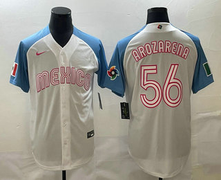 Men's Mexico Baseball #56 Randy Arozarena 2023 White Blue World Classic Stitched Jersey的副本