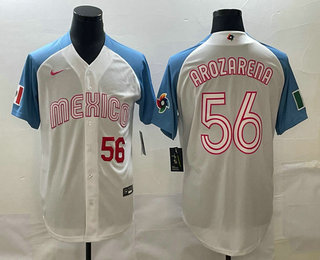 Men's Mexico Baseball #56 Randy Arozarena Number 2023 White Blue World Classic Stitched Jerse