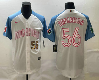 Men's Mexico Baseball #56 Randy Arozarena Number 2023 White Blue World Classic Stitched Jersey的副本