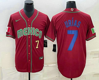 Men's Mexico Baseball #7 Julio Urias Number 2023 Red Blue World Baseball Classic Stitched Jerse