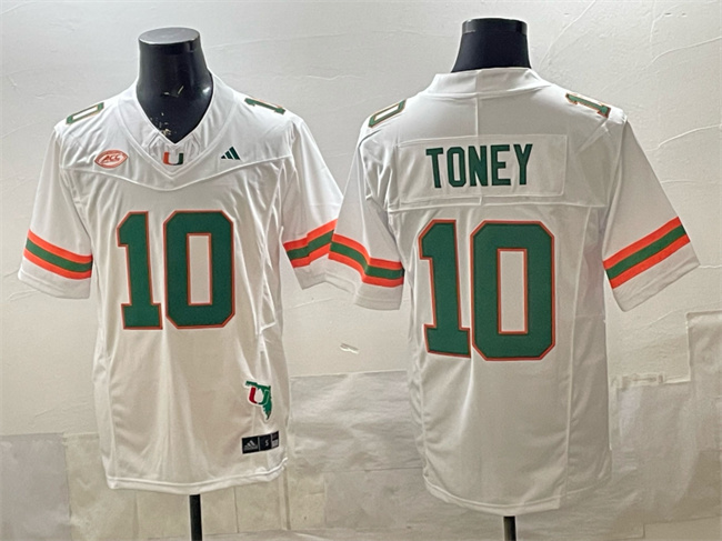 Men's Miami Hurricanes #10 Malachi Toney White F.U.S.E. Florida Patch Stitched Football Jersey
