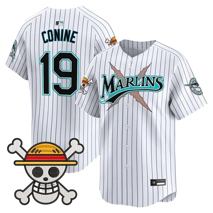Men's Miami Marlins x One Piece Vapor Premier Limited Jersey PINSTRIPE #19 JEFF CONINE