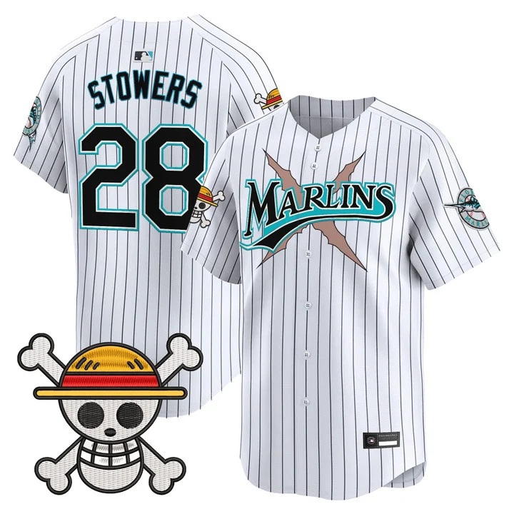 Men's Miami Marlins x One Piece Vapor Premier Limited Jersey PINSTRIPE #28 KYLE STOWERS
