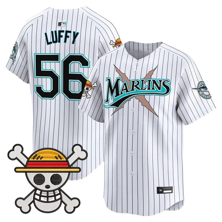 Men's Miami Marlins x One Piece Vapor Premier Limited Jersey PINSTRIPE #56 LUFFY