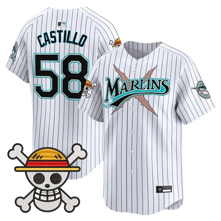 Men's Miami Marlins x One Piece Vapor Premier Limited Jersey PINSTRIPE #58 LUIS CASTILLO