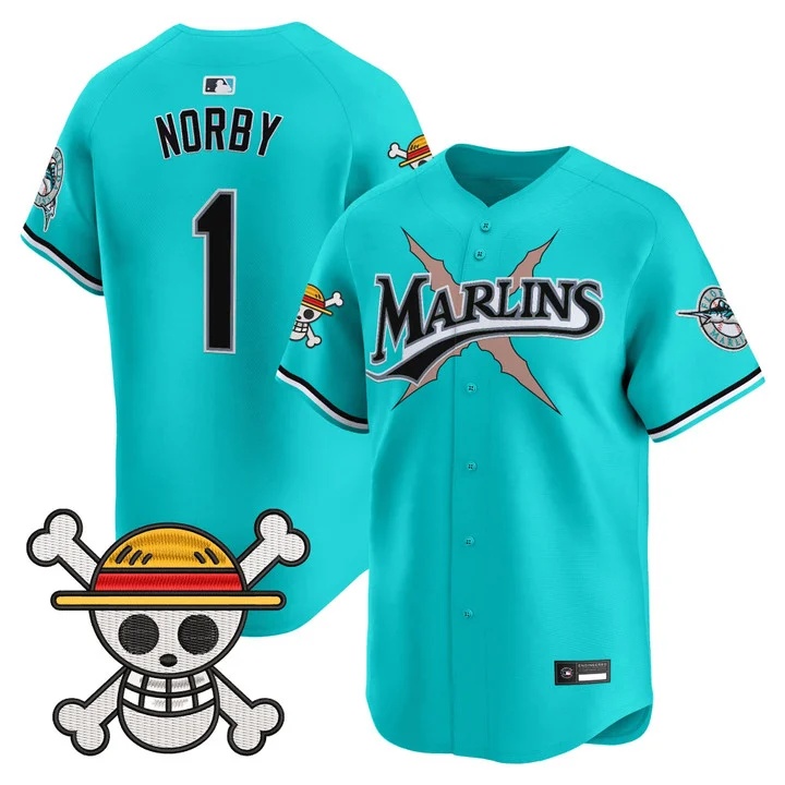 Men's Miami Marlins x One Piece Vapor Premier Limited Jersey TEAL #1 CONNOR NORBY