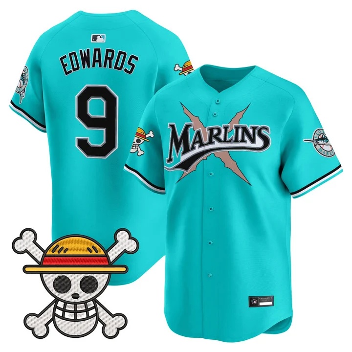 Men's Miami Marlins x One Piece Vapor Premier Limited Jersey TEAL #9 XAVIER EDWARDS