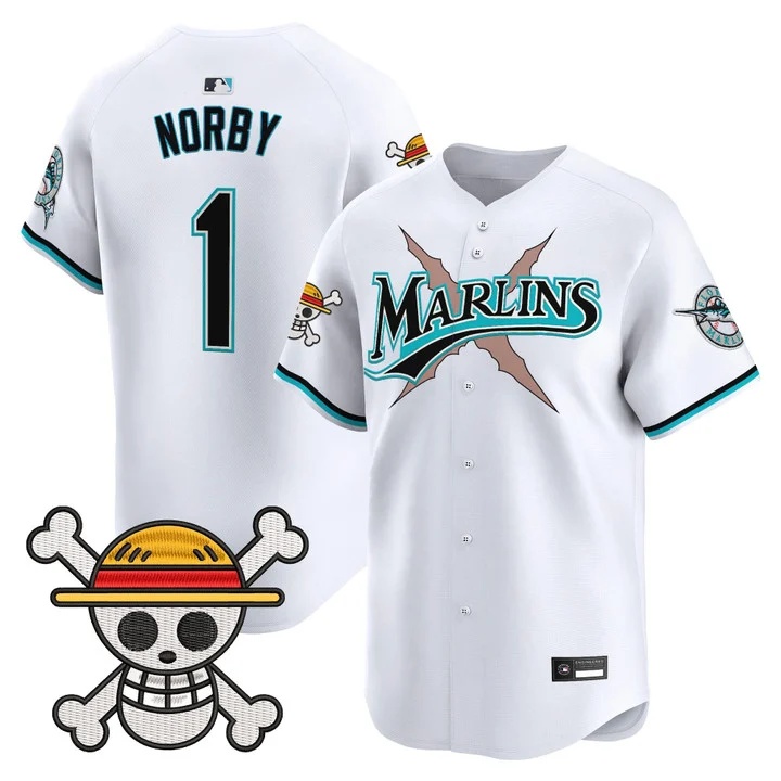 Men's Miami Marlins x One Piece Vapor Premier Limited Jersey WHITE #1 CONNOR NORBY
