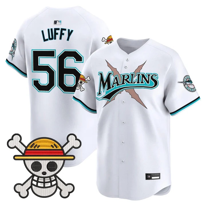 Men's Miami Marlins x One Piece Vapor Premier Limited Jersey WHITE #56 LUFFY