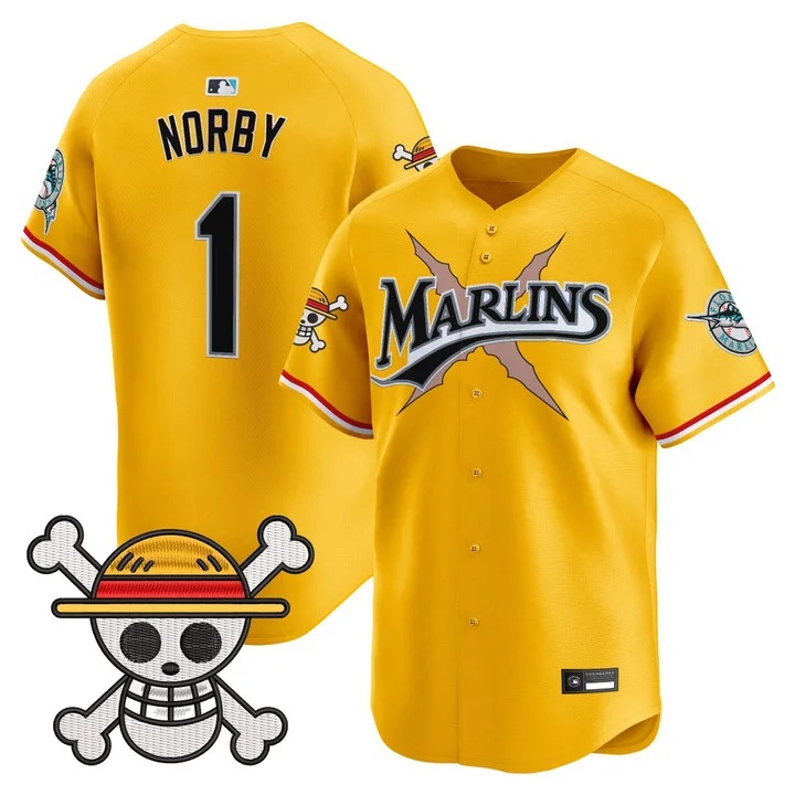 Men's Miami Marlins x One Piece Vapor Premier Limited Jersey YELLOW #1 CONNOR NORBY