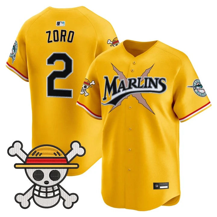 Men's Miami Marlins x One Piece Vapor Premier Limited Jersey YELLOW #2 ZORO