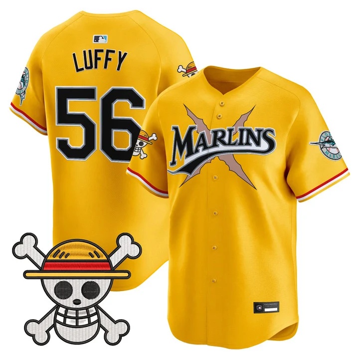 Men's Miami Marlins x One Piece Vapor Premier Limited Jersey YELLOW #56 LUFFY