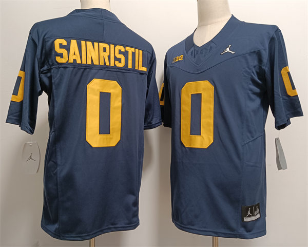 Men's Michigan Wolverines #0 Mike Sainristil Diamond Badge Navy F.U.S.E.2023 College Football Playoff Game Jersey 