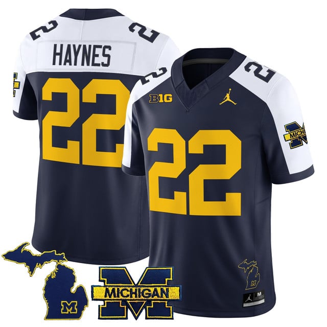 Men's Michigan Wolverines 2025 Vapor Limited Jersey V2 navy #22 Justice Haynes