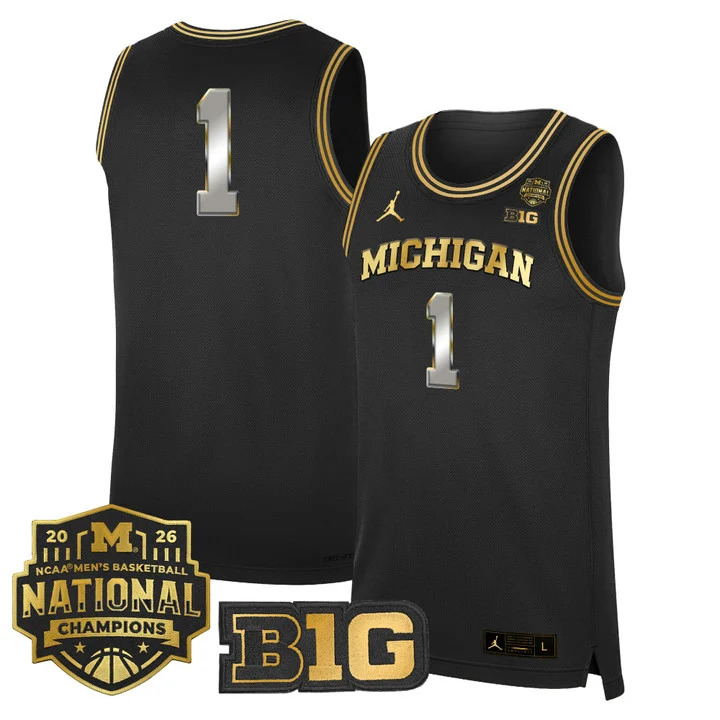 Men's Michigan Wolverines 2026 National Champions Patch Basketball Jersey BLACK GOLD#1