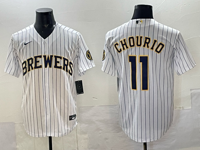 Men's Milwaukee Brewers #11 Jackson Chourio White Pinstripe 2025 With Patch Stitched Baseball Jersey