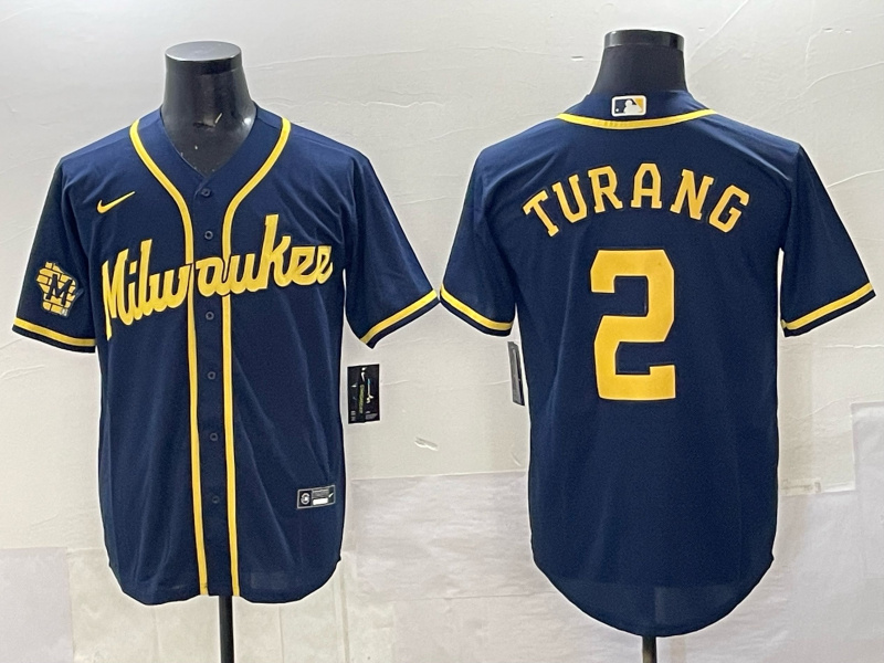 Men's Milwaukee Brewers #2 Brice Turang Navy 2025 With Patch Stitched Baseball Jersey