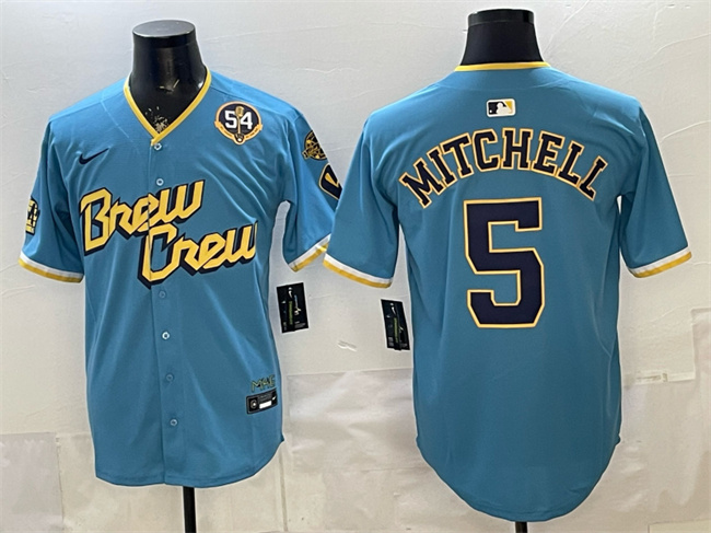 Men's Milwaukee Brewers #5 Garrett Mitchell Powder Blue City Connect With Home & Bob Uecker Patch Limited Stitched Baseball Jersey