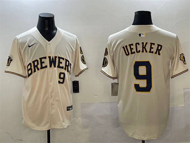Men's Milwaukee Brewers #9 Bob Uecker Cream With Home Patch Limited Stitched Baseball Jersey