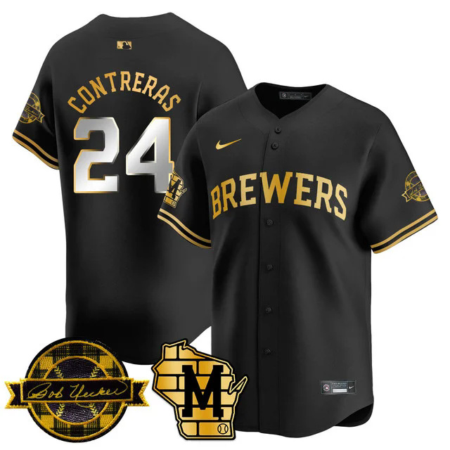 Men's Milwaukee Brewers 2025 Limited Gold Jersey - Bob Uecker Patch BLACK #24 CONTRERAS.webp