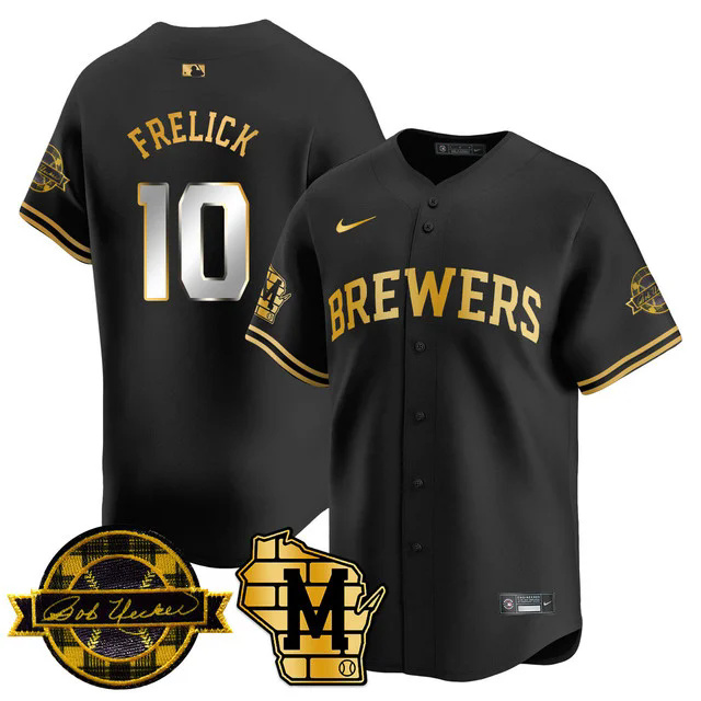 Men's Milwaukee Brewers 2025 Limited Gold Jersey - Bob Uecker Patch BLACK #24 FRELICK.webp