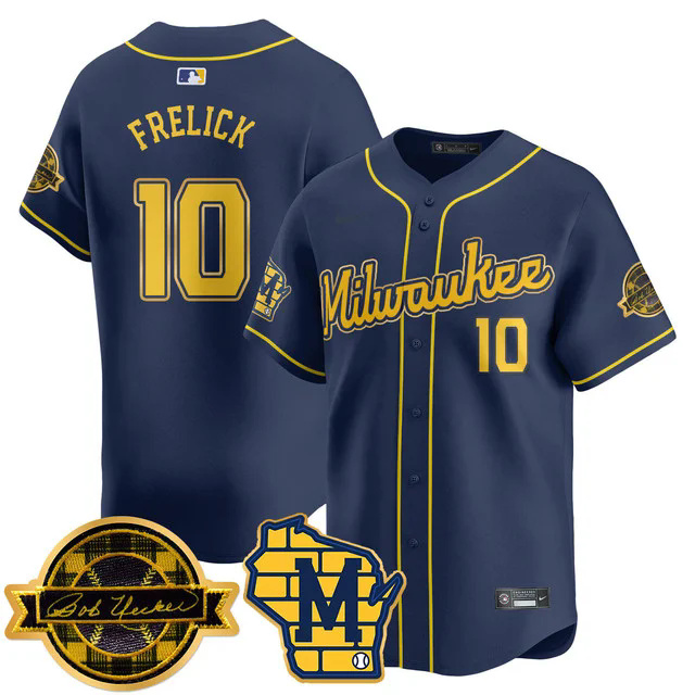 Men's Milwaukee Brewers 2025 Limited Gold Jersey - Bob Uecker Patch NAVY #10 FRELICK.webp