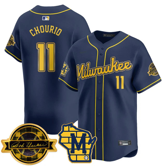Men's Milwaukee Brewers 2025 Limited Gold Jersey - Bob Uecker Patch NAVY #11 CHOURIO.webp