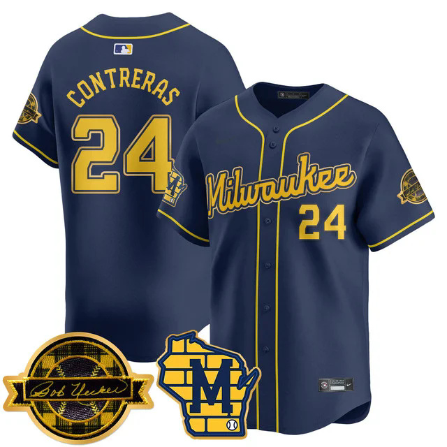 Men's Milwaukee Brewers 2025 Limited Gold Jersey - Bob Uecker Patch NAVY #24 CONTRERAS.webp