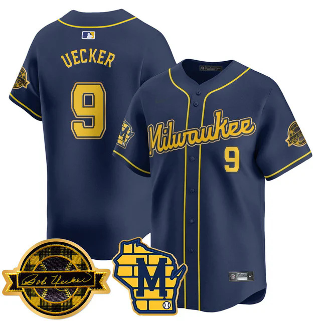 Men's Milwaukee Brewers 2025 Limited Gold Jersey - Bob Uecker Patch NAVY #9 UECKER.webp
