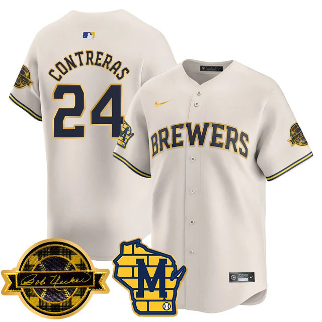 Men's Milwaukee Brewers 2025 Limited Gold Jersey - Bob Uecker Patch WHITE #24 CONTRERAS.webp