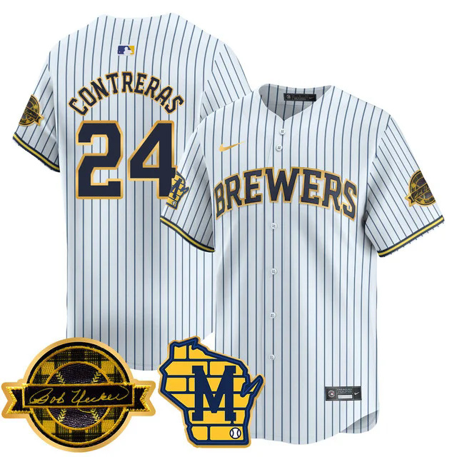 Men's Milwaukee Brewers 2025 Limited Gold Jersey - Bob Uecker Patch WHITE1 #24 CONTRERAS.webp