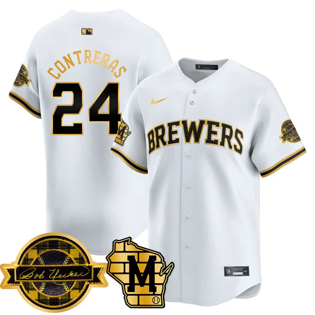 Men's Milwaukee Brewers 2025 Limited Gold Jersey - Bob Uecker Patch WHITE2 #24 CONTRERAS.webp