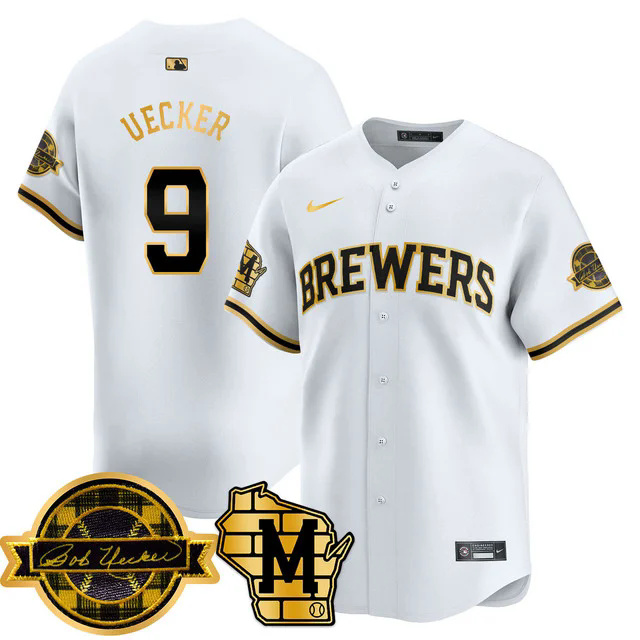 Men's Milwaukee Brewers 2025 Limited Gold Jersey - Bob Uecker Patch WHITE2 #9 UECKER.webp (1)