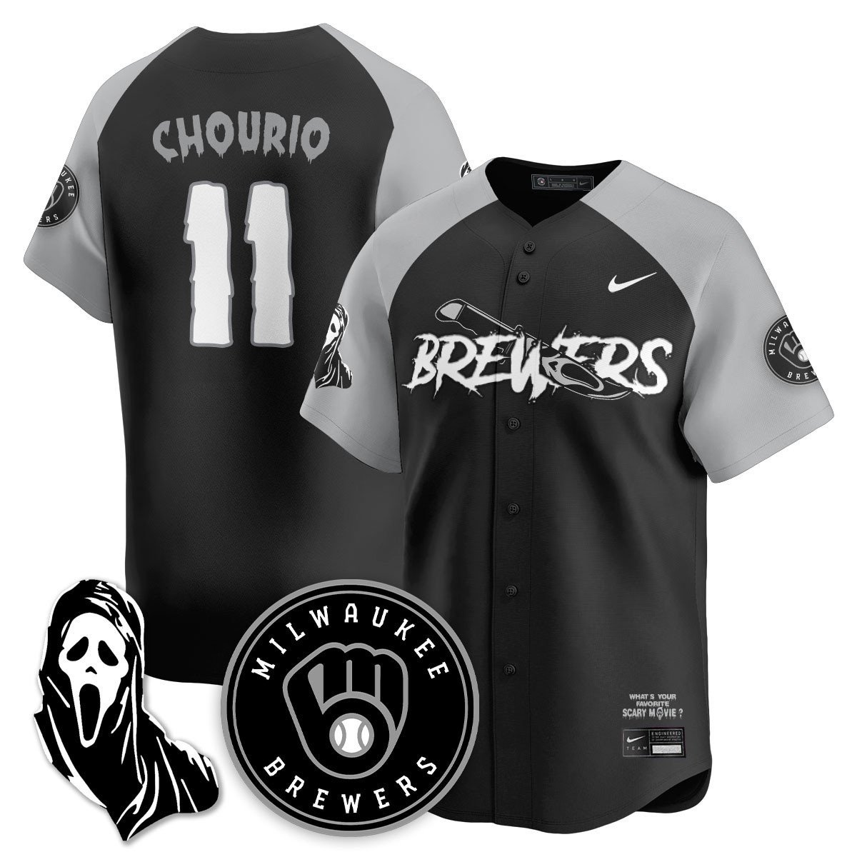 Men's Milwaukee Brewers Scream Ghostface Jersey #11 Jackson Chourio