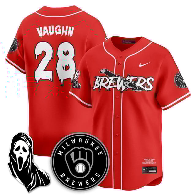 Men's Milwaukee Brewers Scream Ghostface Jersey red #28 Andrew Vaughn