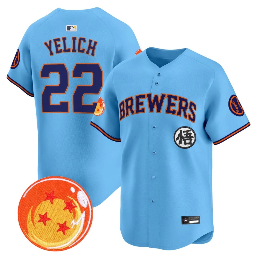 Men's Milwaukee Brewers x Dragon Ball Vapor Premier Limited Jersey BLUE #22 CHRISTIAN YELICH