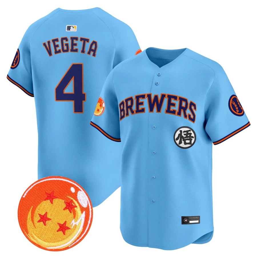 Men's Milwaukee Brewers x Dragon Ball Vapor Premier Limited Jersey BLUE #4 VEGETA