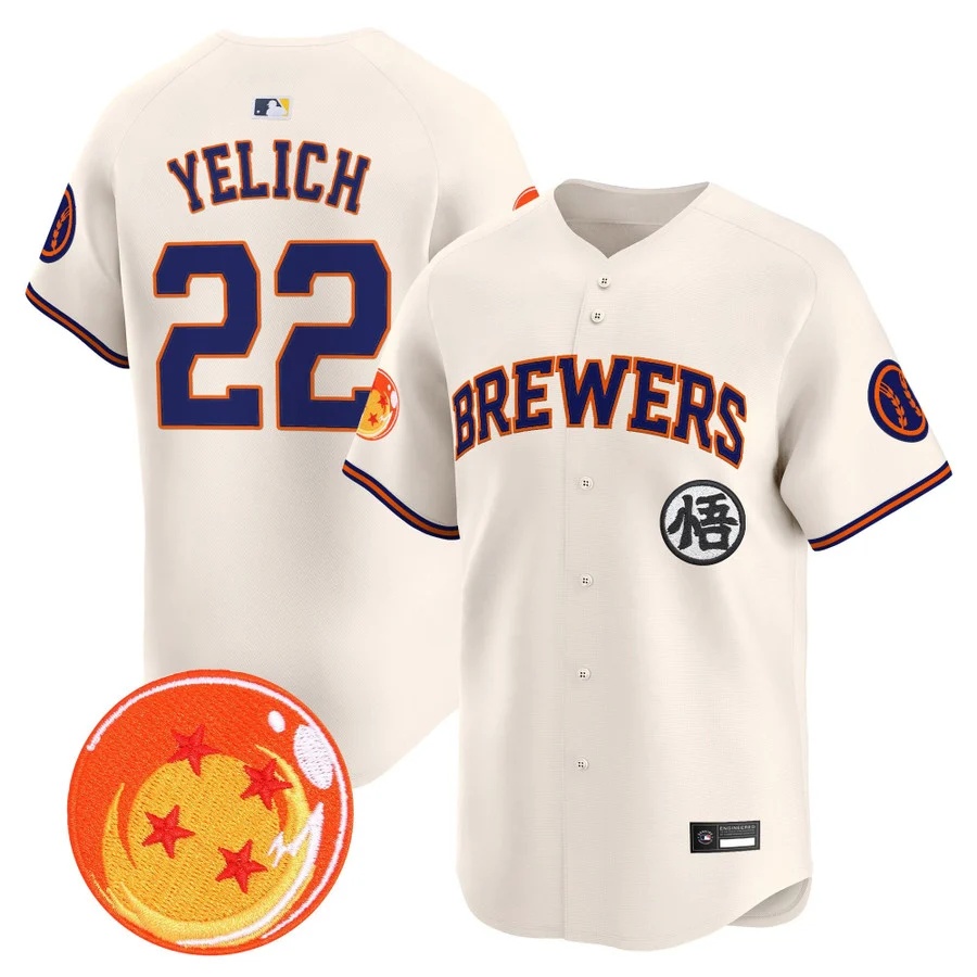 Men's Milwaukee Brewers x Dragon Ball Vapor Premier Limited Jersey CREAM #22 CHRISTIAN YELICH