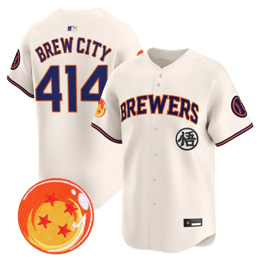 Men's Milwaukee Brewers x Dragon Ball Vapor Premier Limited Jersey CREAM #414 BREW CITY