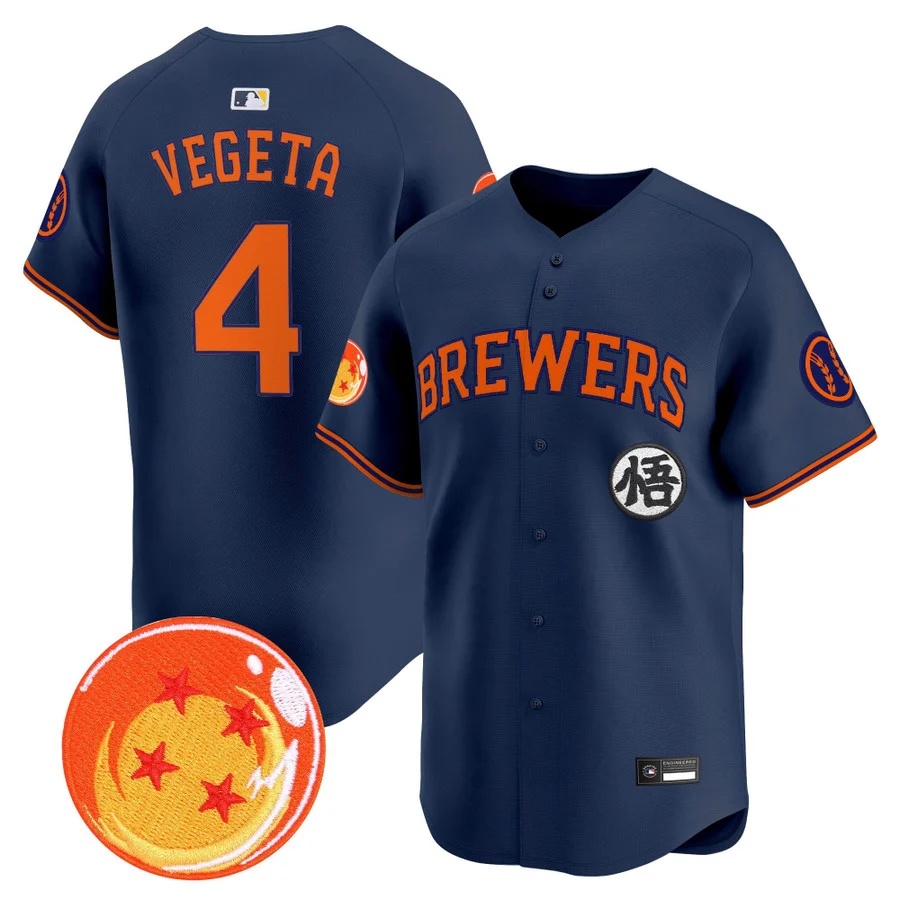 Men's Milwaukee Brewers x Dragon Ball Vapor Premier Limited Jersey NAVY #4 VEGETA