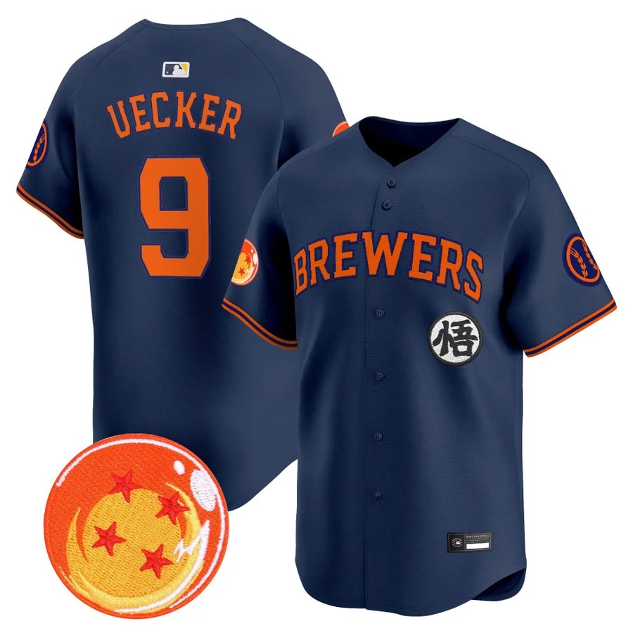 Men's Milwaukee Brewers x Dragon Ball Vapor Premier Limited Jersey NAVY #9 BOB UECKER