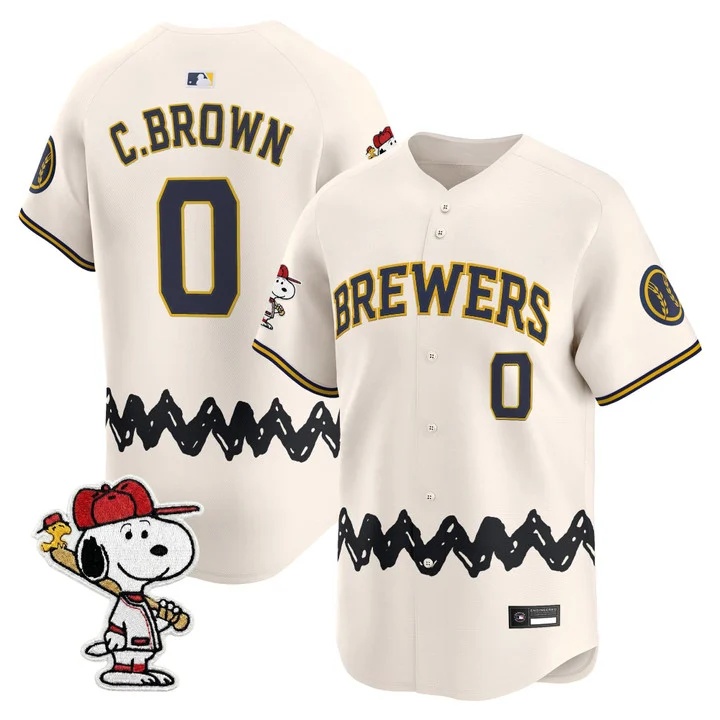 Men's Milwaukee Brewers x Peanuts Vapor Premier Limited Jersey CREAM#0 CHARLIE BROWN
