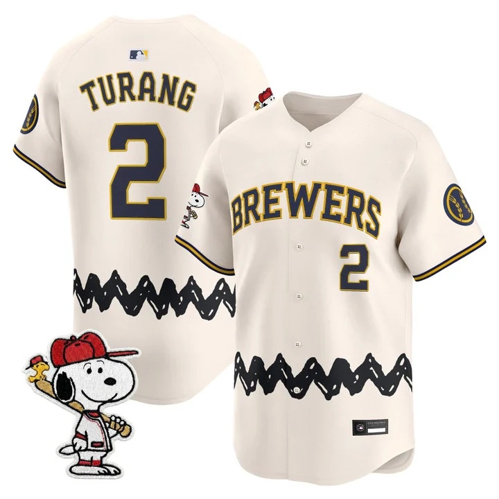 Men's Milwaukee Brewers x Peanuts Vapor Premier Limited Jersey CREAM#2 BRICE TURANG