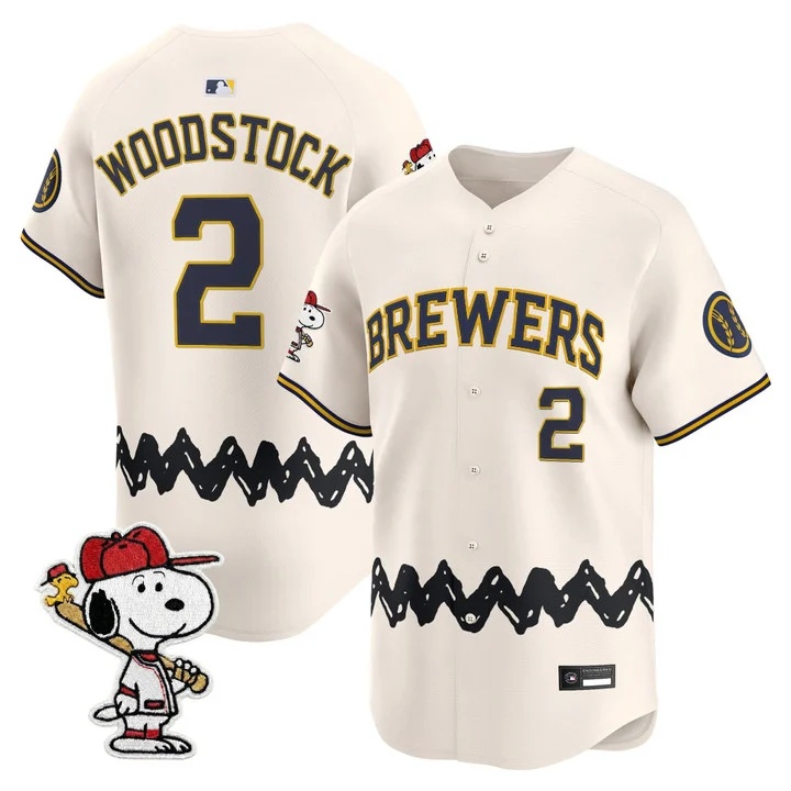 Men's Milwaukee Brewers x Peanuts Vapor Premier Limited Jersey CREAM#2 WOODSTOCK