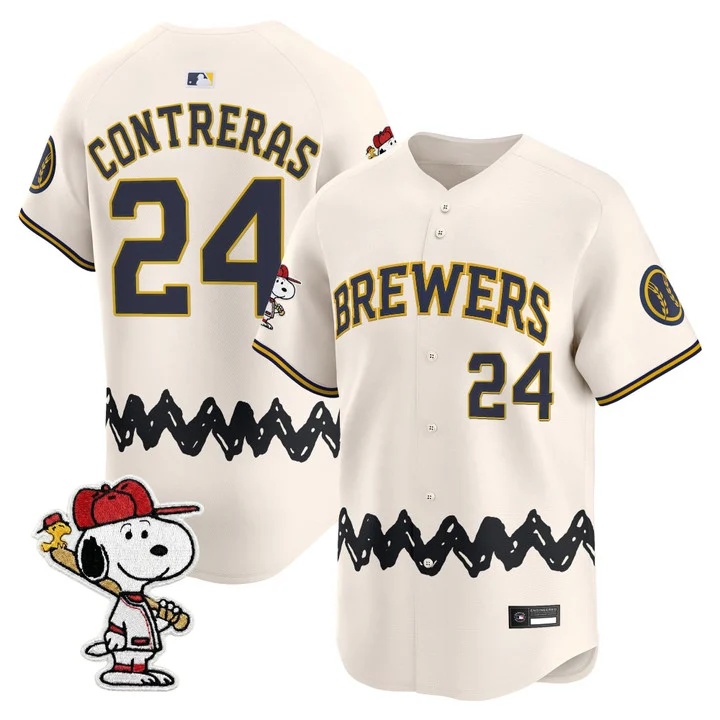 Men's Milwaukee Brewers x Peanuts Vapor Premier Limited Jersey CREAM#24 WILLIAM CONTRERAS