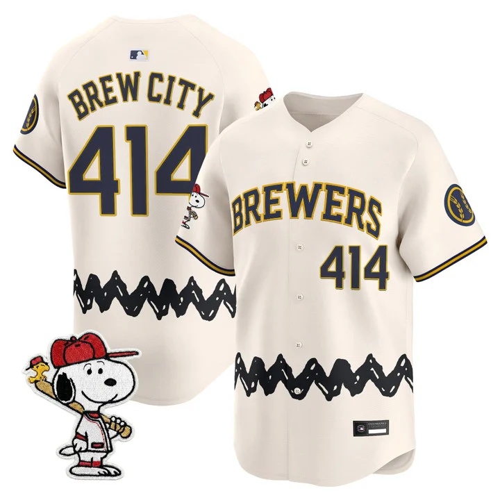 Men's Milwaukee Brewers x Peanuts Vapor Premier Limited Jersey CREAM#414 BREW CITY