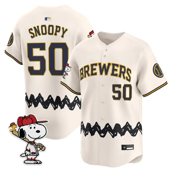 Men's Milwaukee Brewers x Peanuts Vapor Premier Limited Jersey CREAM#50 SNOOPY