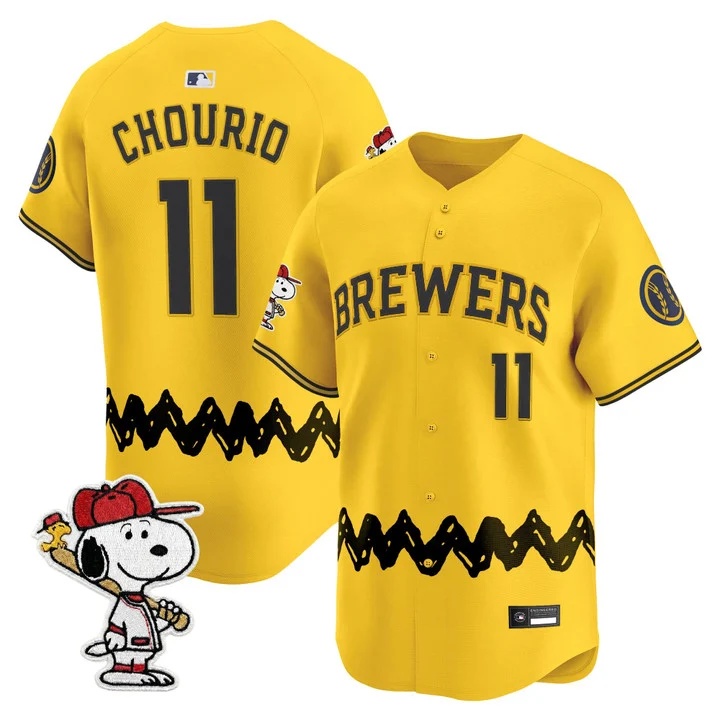 Men's Milwaukee Brewers x Peanuts Vapor Premier Limited Jersey GOLD#11 JACKSON CHOURIO
