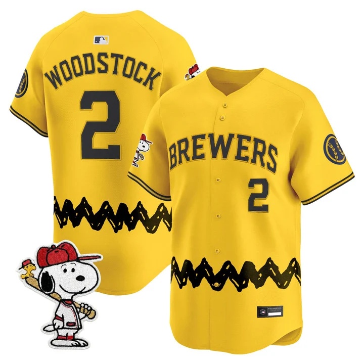 Men's Milwaukee Brewers x Peanuts Vapor Premier Limited Jersey GOLD#2 WOODSTOCK